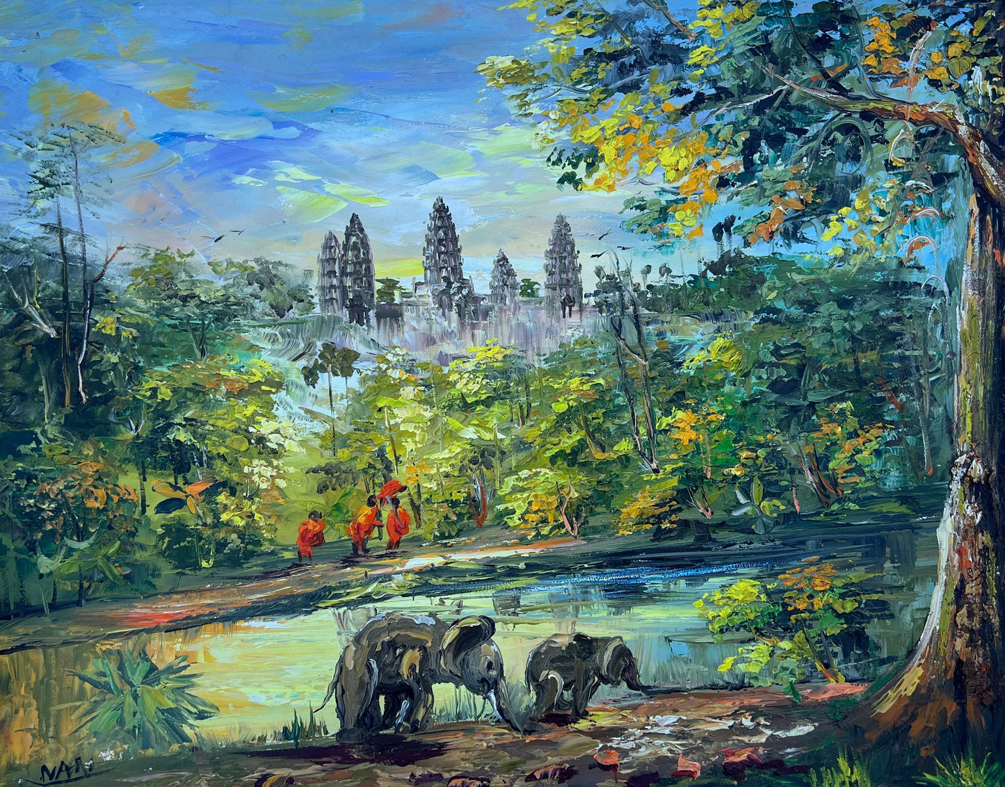 Art - Angkor Wat and Elephant Oil Painting in Canvas